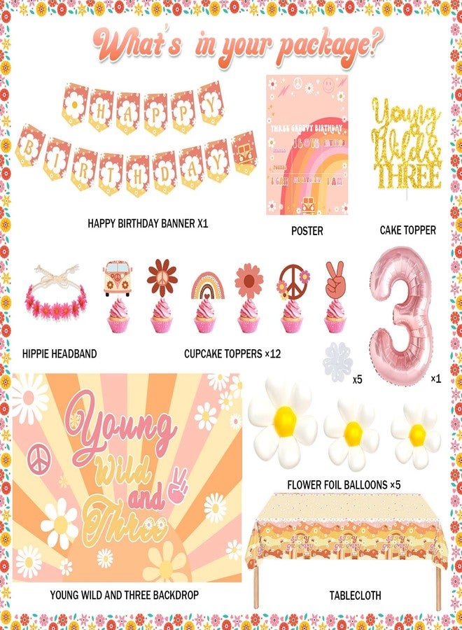 Fiesec Young Wild and Three Decorations Girl, 122 PCs Groovy Boho Daisy Hippie 3rd Birthday Party Decorations Backdrop Balloon Garland Banner Tablecloth Cake Cupcake Topper Headband Poster Retro Pink - Image 2